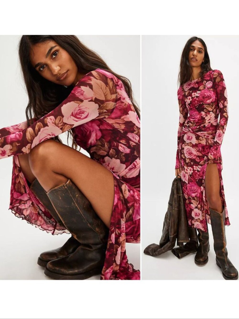 FREE PEOPLE Gianni Maxi Dress Size XS Pink Floral Mesh Bodycon Stretch Slit NEW